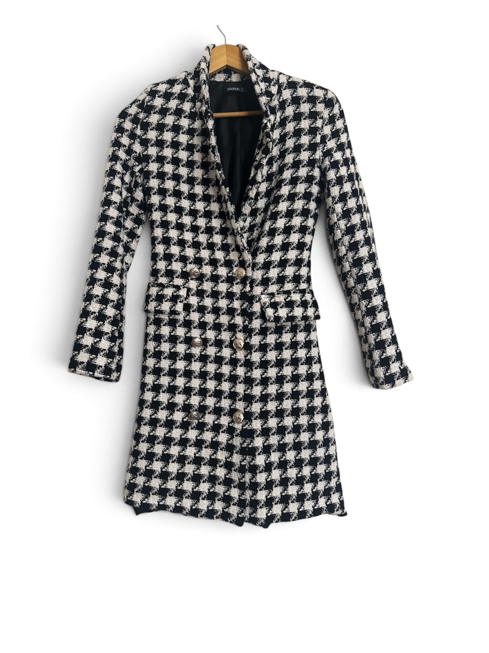 Boohoo Black & White Houndstooth Double-Breasted Trench Coat
